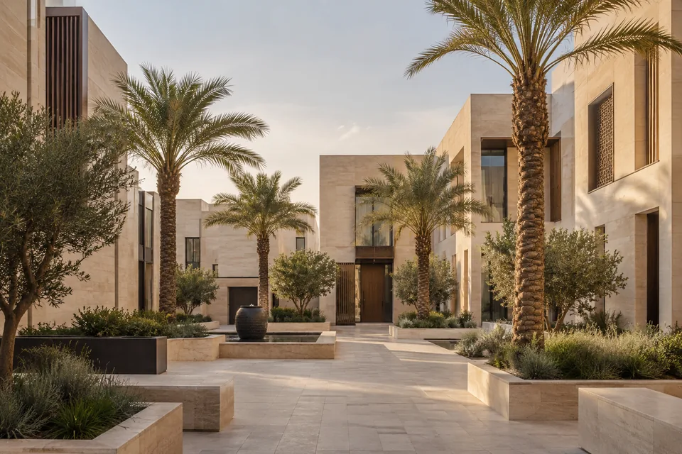 عمارة سعودية معاصرة بواجهات حجرية وساحة داخلية مزروعة